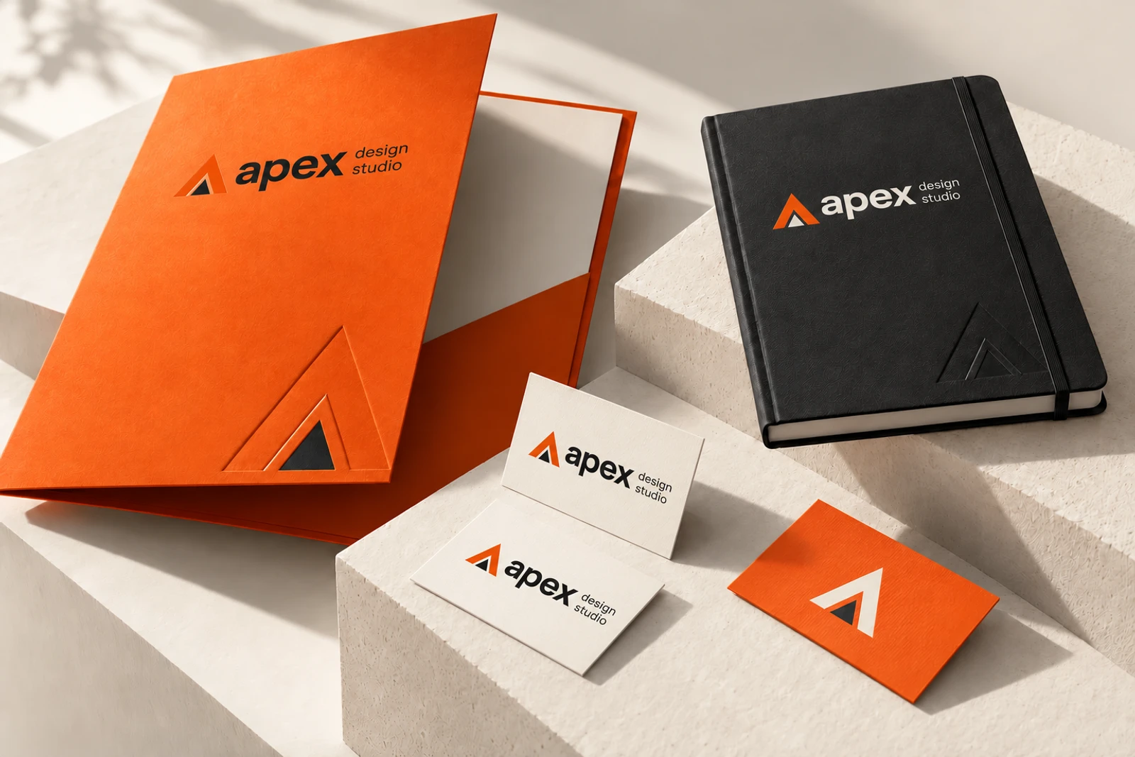 Conceptual Apex identity applications on an orange folder, black notebook and business cards